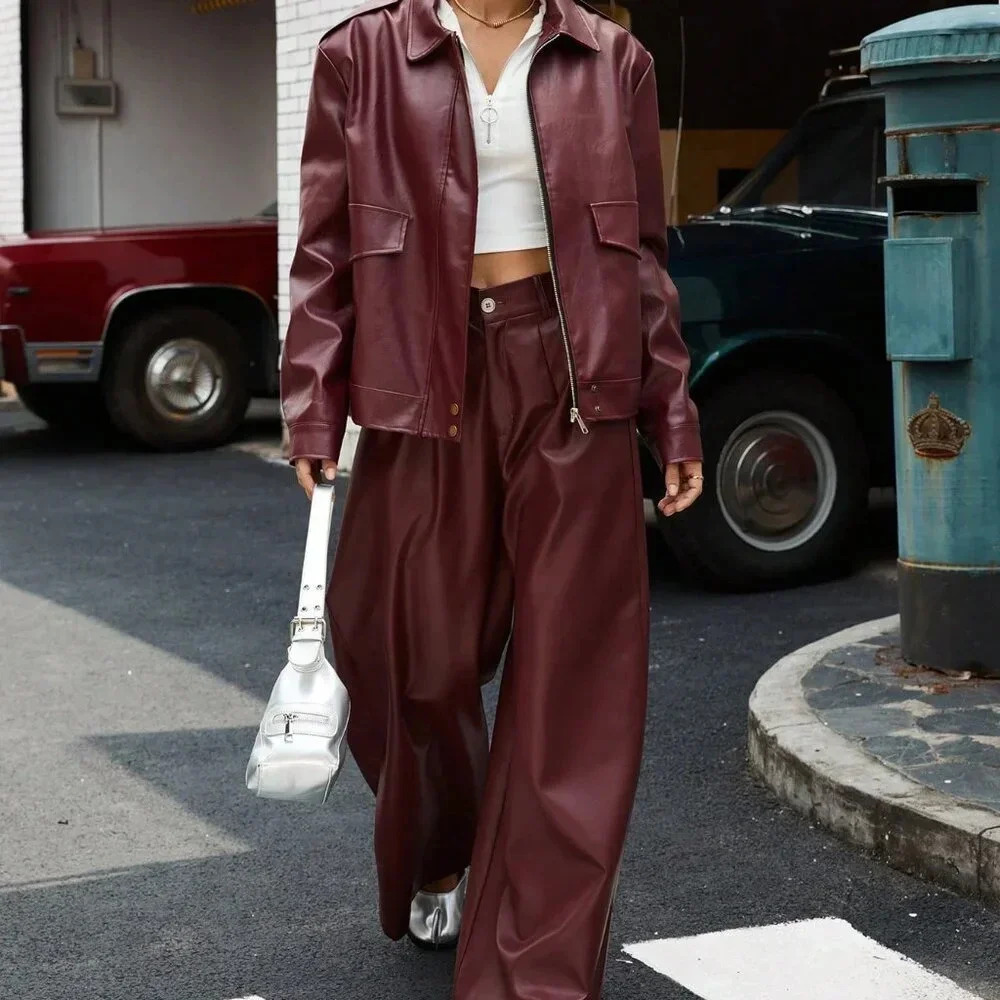 Burgundy Casual Women's Dolman Sleeve PU Oversized Bomber Jacket - Picture 3 of 5